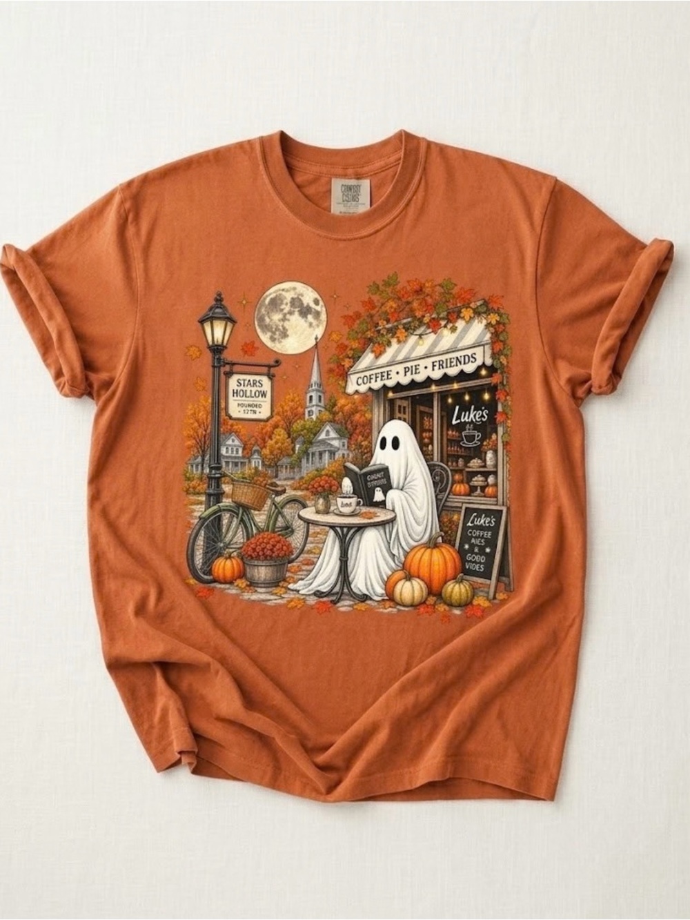 Comfort Colors Stars Hollow Ghost Lukeβs Dinner Coffee Cozy Autumn Vintage Tee